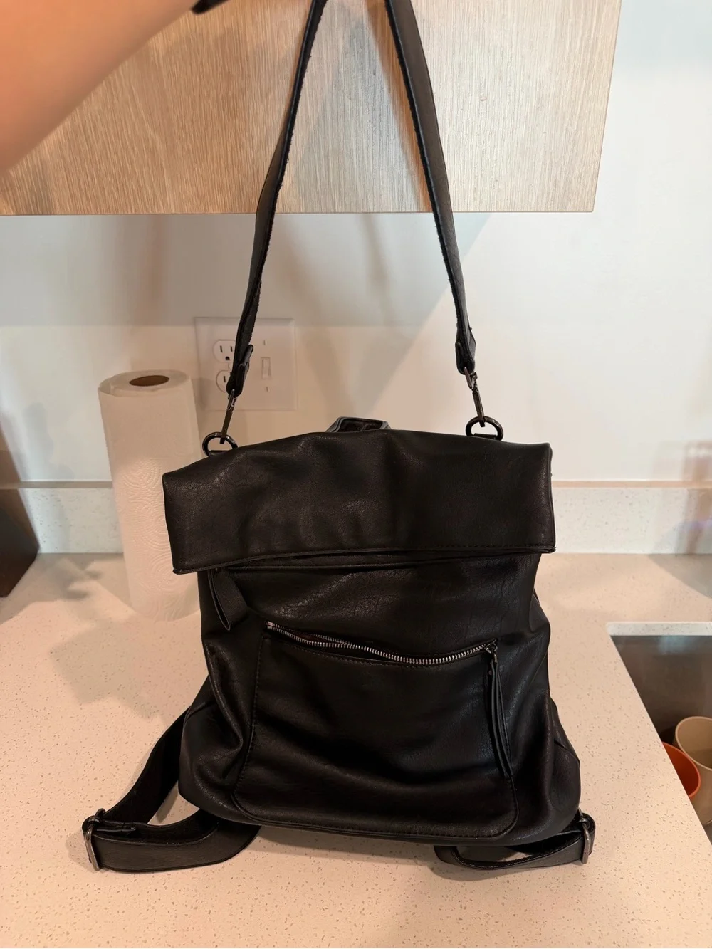 Urban Expressions Black Faux Leather Fold-Over Backpack